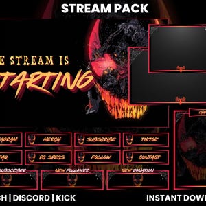 May include: A digital stream pack with a dark, fiery theme. The design includes a stylized demonic face, with text that reads "The Stream Is Starting." It features various overlay elements, including social media buttons and chat boxes, all in a red and black color scheme.