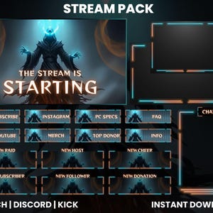 Può includere: Un pacchetto di streaming digitale a tema dark fantasy. La grafica principale presenta una figura incappucciata con accenti blu luminosi e il testo "THE STREAM IS STARTING". Include vari elementi di sovrapposizione e pulsanti.