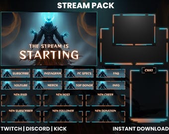 May include: A digital stream pack with a dark fantasy theme. The main graphic features a hooded figure with glowing blue accents and the text "THE STREAM IS STARTING." Includes various overlay elements and buttons for Twitch, Discord, and Kick.