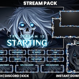 Blue Skull Reaper Stream Pack | Stream Overlay, Alerts & Panels for Twitch, Kick, Discord | Stream Starting Screen | Thunder Grim Reaper
