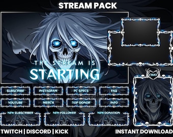 Blue Skull Reaper Stream Pack | Stream Overlay, Alerts & Panels for Twitch, Kick, Discord | Stream Starting Screen | Thunder Grim Reaper