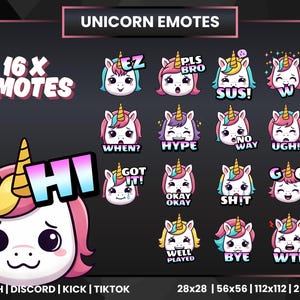 Unicorn Emotes for Twitch, Kick, Discord, TikTok | 16 Cute & Funny Reaction Emotes | Pastel Pink Kawaii Stream PNG Pack