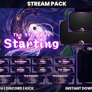 May include: A purple and white stream pack with a background image of two fish swimming in a swirling pattern. The text "The Stream Is Starting" is in a large, bold font. The pack includes a chat window, a donation window, and several other panels for social media, information, and other stream elements.
