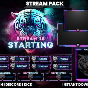 ホワイトタイガー Twitch ストリームパック | Twitch スクリーンオーバーレイ | Twitch パネル | Twitch アニメーションスクリーン | ウェブカメラオーバーレイ | Twitch アラート | キック