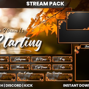 May include: A digital stream pack with a fall theme. The design includes a background with orange leaves and the text "The Stream Is Starting". It also features various overlay elements, including chat boxes and buttons for subscribers, Instagram, and more. "Instant Download" is also displayed.