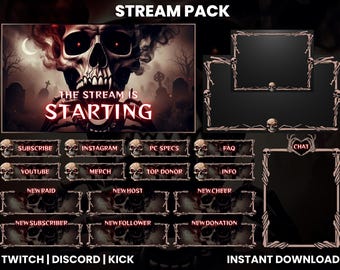 May include: A digital stream pack with a dark, gothic theme. The main graphic features a skull with red eyes and the text "THE STREAM IS STARTING." Includes overlay frames, chat boxes, and social media buttons with skull accents. Text includes "TWITCH | DISCORD | KICK" and "INSTANT DOWNLOAD."