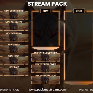 May include: A digital stream pack with a wolf theme. The design includes animated alerts for new subscribers, followers, donations, cheers, hosts, and raids. The pack features chat boxes and the text "STREAM PACK", "TWITCH | DISCORD | KICK", and "INSTANT DOWNLOAD".