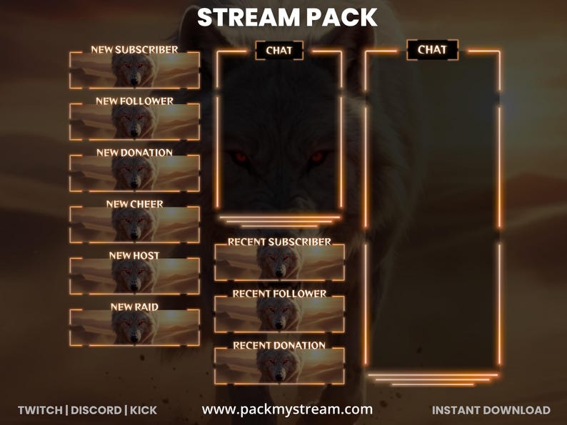 May include: A digital stream pack with a wolf theme. The design includes animated alerts for new subscribers, followers, donations, cheers, hosts, and raids. The pack features chat boxes and the text "STREAM PACK", "TWITCH | DISCORD | KICK", and "INSTANT DOWNLOAD".