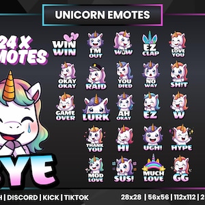 May include: A digital graphic featuring 24 unicorn emotes with various expressions and text bubbles. The emotes are in a cartoon style, with a white unicorn with a rainbow mane and a golden horn. Text includes "WIN," "WOW," "EZ," "BYE," and more.