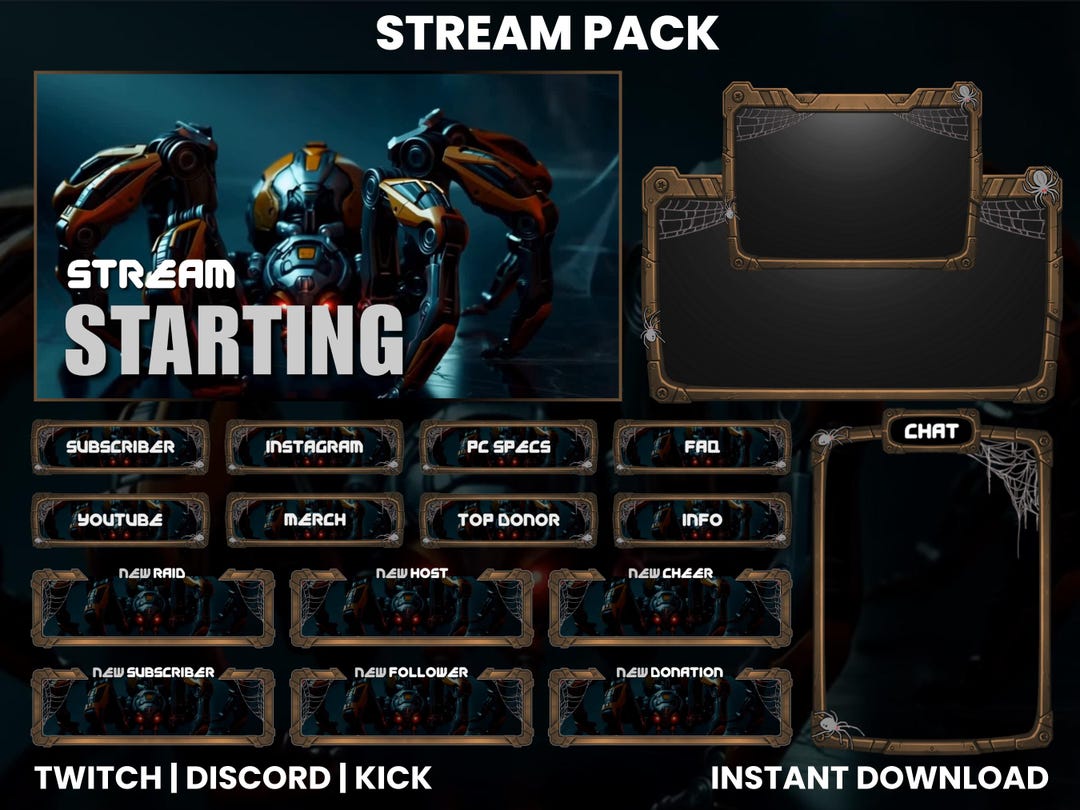 Spider Mech Stream Overlay Pack for OBS Twitch Kick – Animated ...