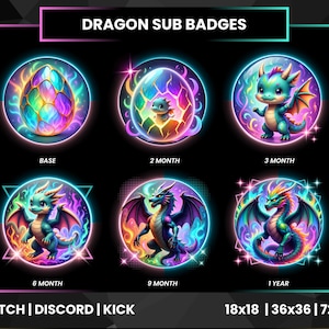 May include: Set of six colorful dragon-themed sub badges for Twitch, Discord, and Kick. The badges include images of dragon eggs, baby dragons, and adult dragons, with text indicating subscription duration. Sizes are 18x18, 36x36, and 72x72 pixels.
