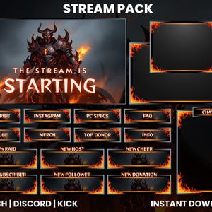 May include: A digital stream pack with a fiery theme. The pack includes a "The Stream is Starting" screen, various overlay elements, and buttons for Twitch, Discord, and Kick. The design features a dark colour scheme with orange and red flames.