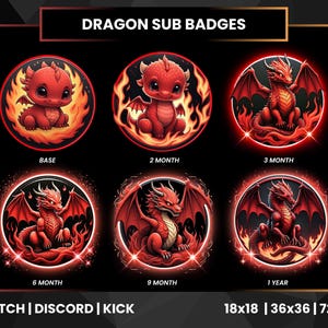 Red Dragon Sub Badges for Twitch, Kick, Discord | Fiery Evolution Loyalty Badges | Stream Bit Badges Set 18x18 36x36 72x72 PNG