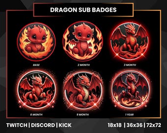 May include: A set of six red dragon-themed sub badges for Twitch, Discord, and Kick. Each badge features a different dragon design, with text indicating the subscription duration: Base, 2 Month, 3 Month, 6 Month, 9 Month, and 1 Year. The badges are available in 18x18, 36x36, and 72x72 sizes.