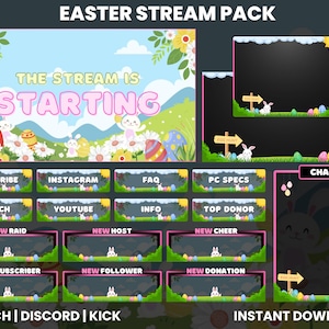 May include: A digital download pack of Easter-themed Twitch stream overlays. The pack includes a starting screen, chat box, and various alert panels for new subscribers, followers, donations, raids, and hosts. The overlays feature a cartoon bunny rabbit, eggs, and flowers.