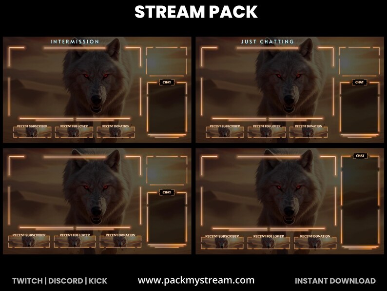 May include: A digital stream pack with a wolf illustration. The pack includes four layouts with orange borders and text boxes for chat, recent subscribers, followers, and donations. The text "STREAM PACK" is at the top, and "INTERMISSION" and "JUST CHATTING" are displayed.