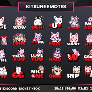 24 Kitsune Twitch Emotes | Text Emotes | Kitsune Emotes | Nine Tail Fox Emotes | Red and White Emotes | Discord | Kick | YouTube | TikToke