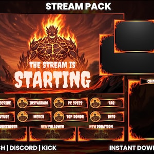 Può includere: Un pacchetto di streaming digitale a tema infuocato. L'immagine centrale presenta una figura demoniaca avvolta dalle fiamme, con la scritta "THE STREAM IS STARTING". Include elementi di sovrapposizione per chat, avvisi e social media.