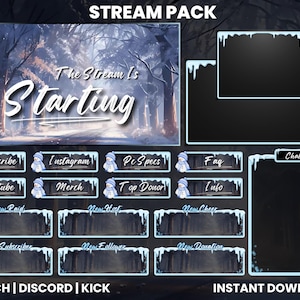 Op de afbeelding: Een digitaal stream pack met een winterthema. De hoofdafbeelding toont een besneeuwde bosscène met de tekst "The Stream Is Starting". Inclusief overlay-elementen voor chat, meldingen en sociale media.