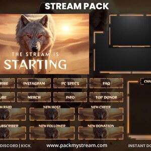 Peut inclure: Un pack de stream numérique avec une illustration de loup et le texte "THE STREAM IS STARTING". Comprend des boutons pour s'abonner, les réseaux sociaux et d'autres fonctionnalités de stream. Le pack a un thème désertique avec une palette de couleurs chaudes.