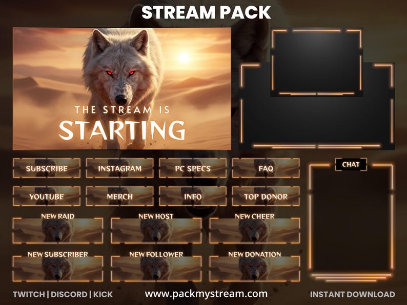May include: A digital stream pack with a wolf illustration and the text "THE STREAM IS STARTING." Includes buttons for subscribing, social media, and other stream features. The pack has a desert theme with a warm color palette.