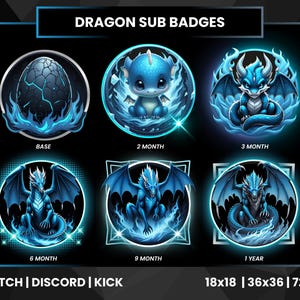 Pode incluir: Um conjunto de seis emblemas secundários com tema de dragão em um esquema de cores azul escuro e verde-azulado. Cada emblema apresenta um design de dragão diferente, incluindo um ovo e várias poses de dragão. O texto inclui "DRAGON SUB BADGES", "BASE", "2 MONTH", "3 MONTH", "6 MONTH", "9 MONTH" e "1 YEAR".