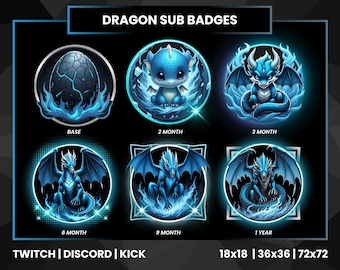 Ice Blue Dragon Sub Badges for Twitch, Kick, Discord | Evolving Frozen Dragon Stream Badges | Loyalty Bit Badges Pack PNG Sizes