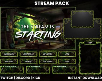 May include: A digital stream pack with a nature theme. The main graphic says "The Stream is Starting" in white script. Includes overlay frames, chat box, and buttons for social media and stream info. The pack is available for instant download.