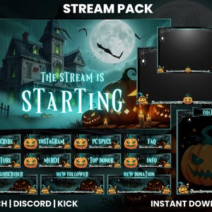 Op de afbeelding: Een digitaal Halloween-thema stream pack met een spookhuis, pompoenen en vleermuizen. De tekst "The Stream Is Starting" wordt prominent weergegeven. Inclusief panelen voor Twitch, Discord en Kick, met de tekst "Instant Download".