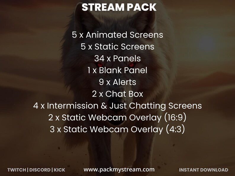 May include: A digital product advertisement featuring a wolf illustration. Text includes "STREAM PACK" and details of animated screens, static screens, panels, alerts, chat boxes, and webcam overlays. Website address and instant download information are also present.