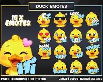 Cute Duck Twitch Emotes Set | 16 Funny Streaming Emotes for Twitch, Discord & Kick | Adorable Yellow Duck Emoji Pack