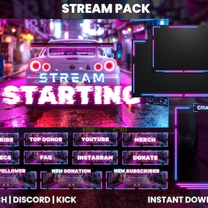 Peut inclure: Un pack de diffusion Twitch rose néon et bleu avec une voiture en arrière-plan. Le pack comprend une boîte de chat, un écran de démarrage et plusieurs boutons pour s'abonner, faire un don, etc.