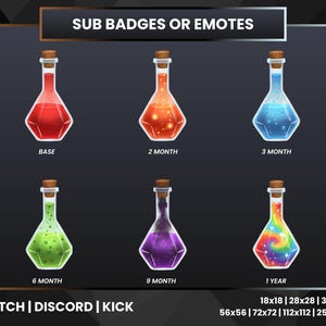 Könnte beinhalten: Grafik mit sechs Flaschen-Designs mit unterschiedlich farbigen Flüssigkeiten und Korken. Die Flaschen sind mit Zeitangaben beschriftet: Basis, 2 Monate, 3 Monate, 6 Monate, 9 Monate und 1 Jahr. Der Text "SUB BADGES OR EMOTES" ist enthalten.