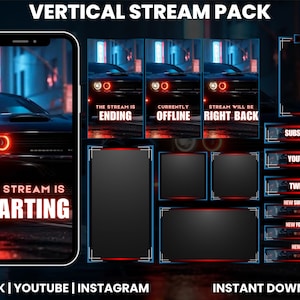 May include: A digital streaming pack with a car theme. The pack includes overlay screens with text like "The Stream is Starting", "Ending", "Offline", and "Right Back". Also includes social media buttons for YouTube, Twitch, and more. The pack is available for instant download.