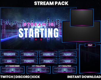 May include: A neon blue and pink stream pack with a cityscape background. The text "STREAM IS STARTING" is in the center of the image. The pack includes sections for chat, subscriber alerts, and social media links.