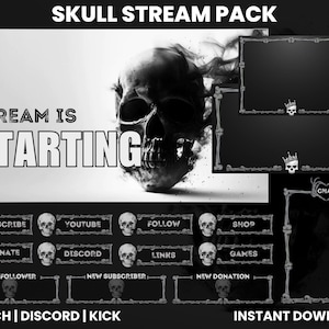 Skull Twitch Stream Pack | Twitch Screen Overlay | Twitch Panels | Twitch Animated Screens | Webcam Overlay | Sub Badges | Twitch Alerts