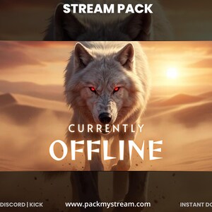 May include: A digital graphic for a stream pack featuring a white wolf with red eyes against a desert backdrop. The words "STREAM PACK" and "CURRENTLY OFFLINE" are displayed in white text. Website and social media icons are at the bottom.