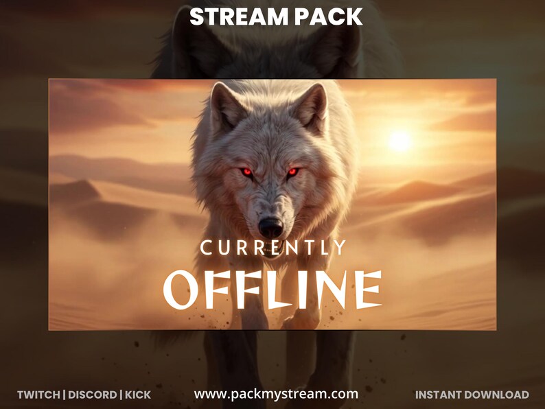 May include: A digital graphic for a stream pack featuring a white wolf with red eyes against a desert backdrop. The words "STREAM PACK" and "CURRENTLY OFFLINE" are displayed in white text. Website and social media icons are at the bottom.