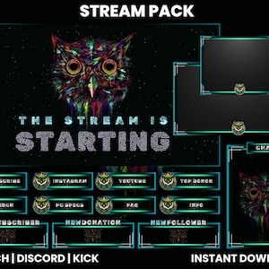 May include: A black and green stream pack with a colorful owl design. The pack includes a chat box, a new subscriber alert, a new donation alert, a new follower alert, and a top donor alert. The text "STREAM PACK" is at the top of the image. The text "THE STREAM IS STARTING" is in the center of the image. The text "TWITCH | DISCORD | KICK" is at the bottom left of the image. The text "INSTANT DOWNLOAD" is at the bottom right of the image.
