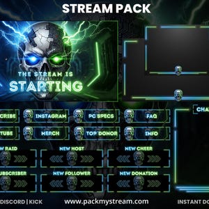Könnte beinhalten: Digitales Stream-Paket mit futuristischem Schädel-Design. Die Hauptgrafik zeigt einen Schädel mit blau und grün leuchtenden Augen und dem Text "THE STREAM IS STARTING". Enthält verschiedene Overlay-Elemente für Streaming-Plattformen.