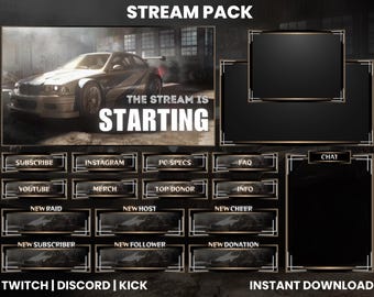 Pack för racerbilsströmning | Twitch-skärmöverlägg | Webbkameraöverlägg | Animerade skärmar | BMW | Twitch-paneler | Aviseringar | Chattöverlägg | Brons