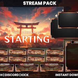Puede incluir: Un paquete de transmisión digital con un diseño de inspiración japonesa que presenta una puesta de sol roja y naranja con una puerta torii. El texto "THE STREAM IS STARTING" se muestra en el centro de la imagen. El paquete incluye varias superposiciones para Twitch, Discord y Kick, como un cuadro de chat, un botón de suscripción y un botón de donación.