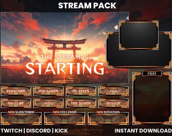 Paquete de transmisión animada de Twitch / Paquete de transmisión de Tori Gate / Superposición de pantalla de Twitch / Superposición de cámara web / Paneles de Twitch / Naranja y gris / Discord / Kick