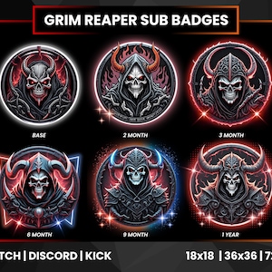 Grim Reaper Twitch Sub Badges | Bit Badges Twitch | Reaper Skull Badges | Neon Red | Neon Orange | Fire Reaper | Discord Badges | Kick Badge