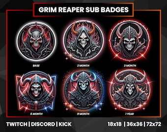 Sensenmann Twitch Sub Abzeichen | Bit-Abzeichen Twitch | Reaper Schädel Abzeichen | Neon Rot | Neon-Orange | Feuerschnitt | Discord Abzeichen | Kickabzeichen