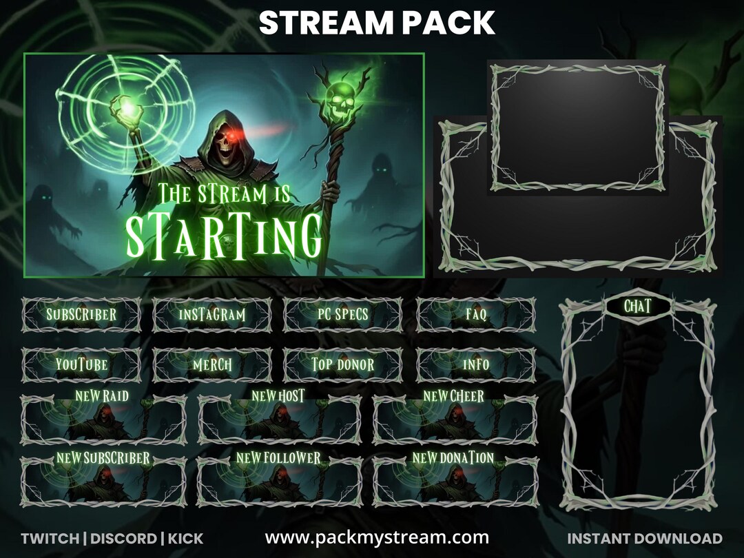 Green Necromancer Stream Overlay Pack for Twitch, Dark Fantasy Wizard ...