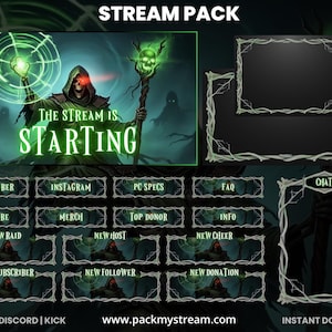 May include: A digital stream pack with a dark fantasy theme. The main graphic features a skeletal figure with a staff, the text "The Stream is Starting", and various overlay elements for Twitch, Discord, and Kick. Includes subscriber, chat, and donation graphics.