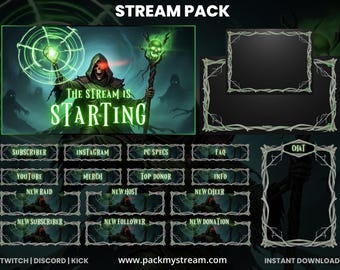 Green Necromancer Stream Overlay Pack for Twitch, Dark Fantasy Wizard Gaming Overlay, Horror Magic Stream Screens for OBS Kick YouTube