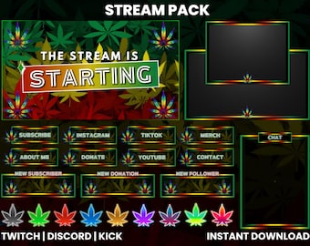 May include: A green, red, and yellow leafy background with a black and white text overlay that says "THE STREAM IS STARTING".  There are several buttons with different text, including "SUBSCRIBE", "INSTAGRAM", "TIKTOK", "MERCH", "CHAT", "ABOUT ME", "DONATE", "YOUTUBE", "CONTACT", "NEW SUBSCRIBER", "NEW DONATION", and "NEW FOLLOWER".  There are also several colorful leaf icons below the buttons.  The text "TWITCH | DISCORD | KICK" and "INSTANT DOWNLOAD" are at the bottom of the image.