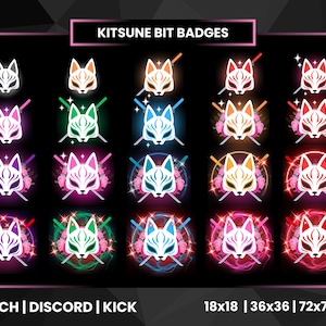 May include: A set of 20 digital badges featuring a stylized fox mask in various colors and designs. The badges are labeled "Kitsune Bit Badges" and include sizes 18x18, 36x36, 72x72, and HD. The badges are designed for use on Twitch, Discord, and Kick.